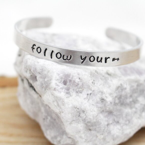 Follow Your (Arrow) ---> - Hand Stamped Anodized Aluminum Bangle - Adjustable - Picture 1 of 11